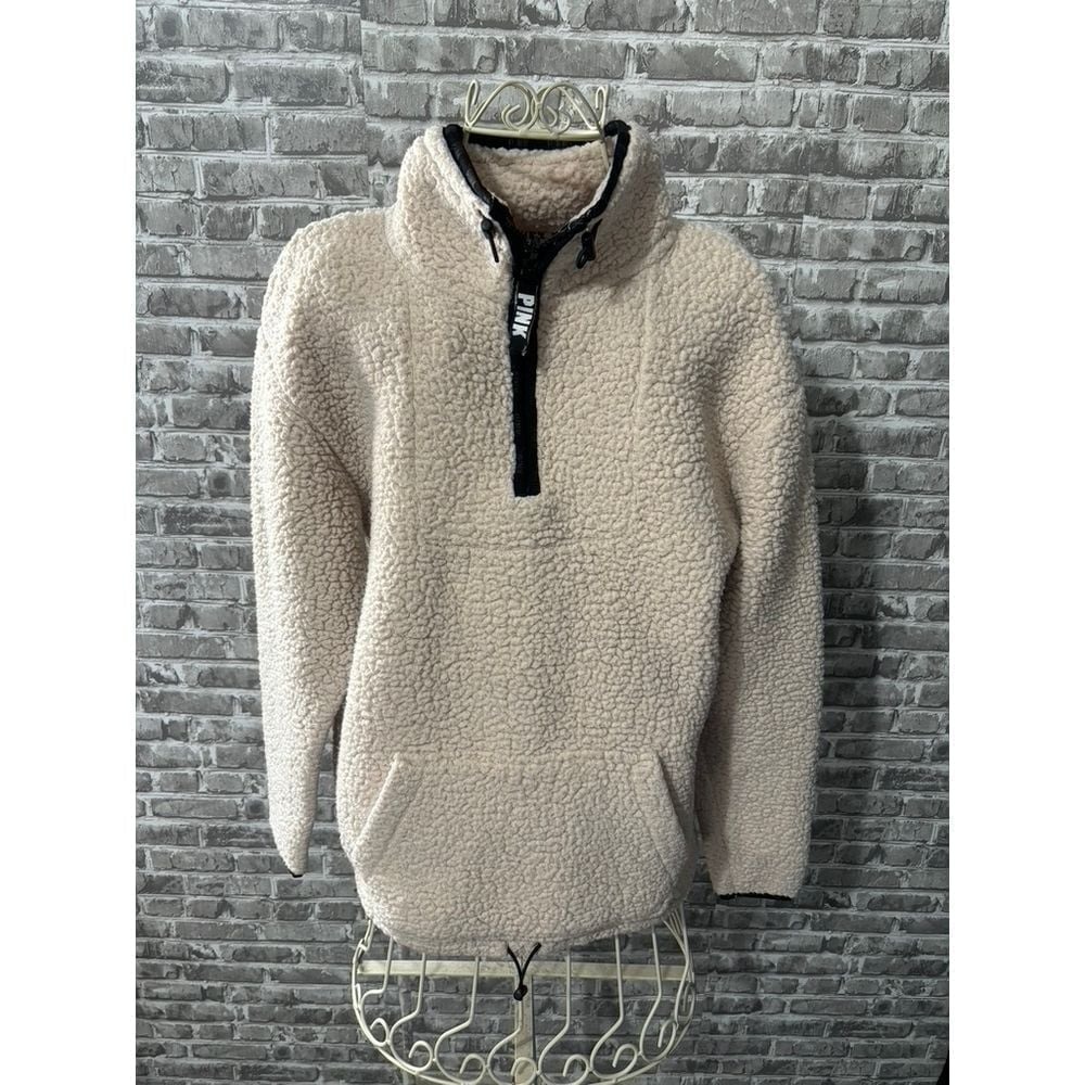 Victorias Secret PINK Sherpa Fleece 1/4 Zip Pullover Jacket Cream &‎ Black